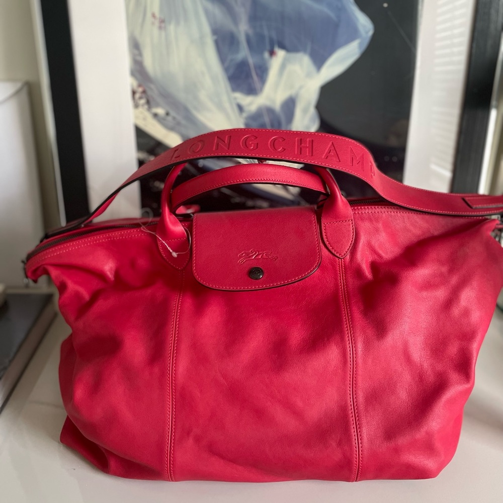 Le Pliage XLarge Leather In Red And SilverTone Hardware With Logo-Debossed Strap